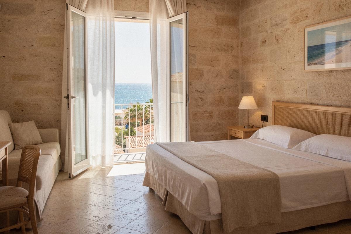 Family hotel room with a double bed, sofa bed and balcony facing the sea