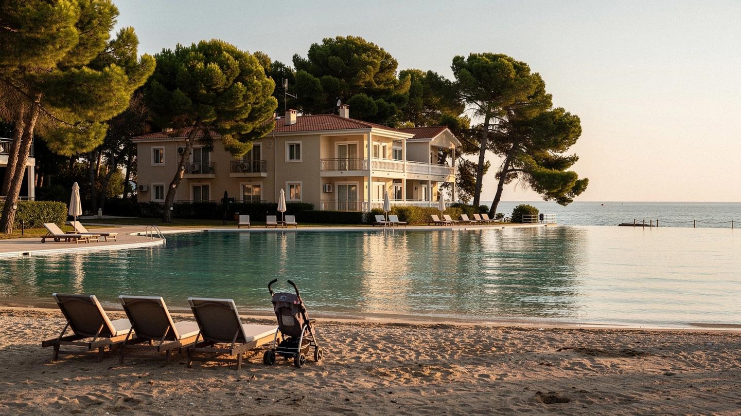 Low-rise family resort on the Turkish coast with pines behind the pool and a shallow sandy shore